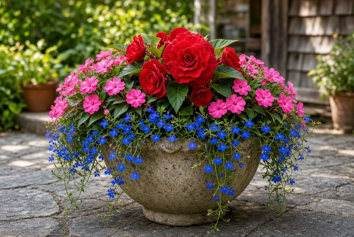 Vibrant container garden overflowing with red Begonia, pink Impatiens, and electric blue Lobelia, perfect for partial sun patios.