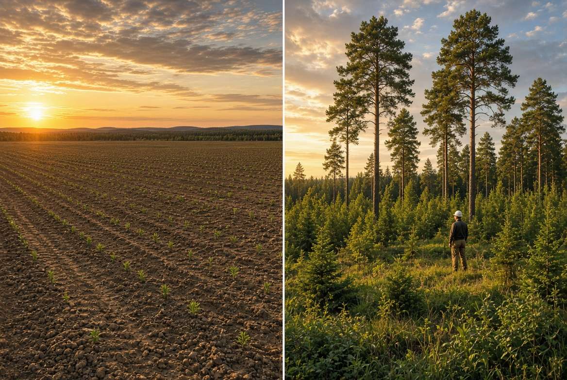 Side-by-side comparison of a bare clearcut landscape versus a thriving seed tree logging site with natural regeneration.