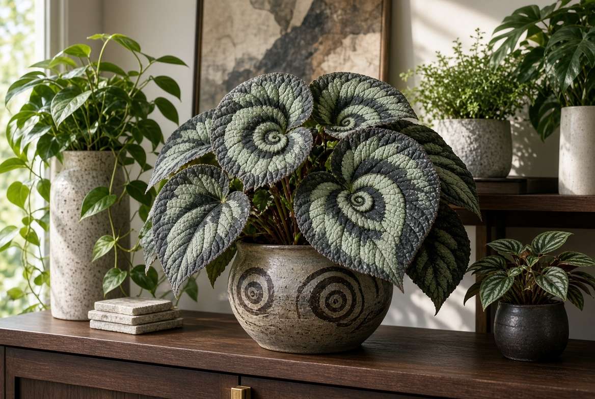 A mature Snail Begonia exhibiting dramatic, swirling silver and charcoal leaf patterns displayed in a modern ceramic pot in a bright, stylish room.
