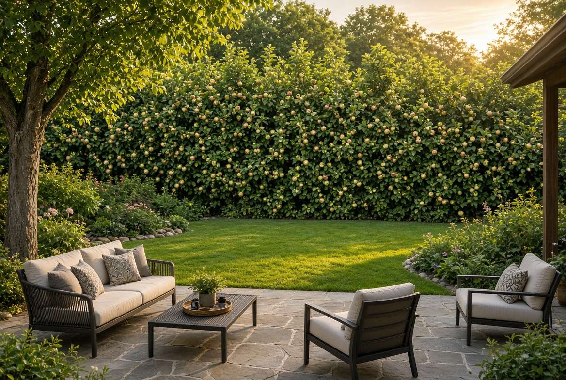A beautiful and private suburban backyard featuring a mature, fruitful apple tree hedgerow providing edible privacy and structure.
