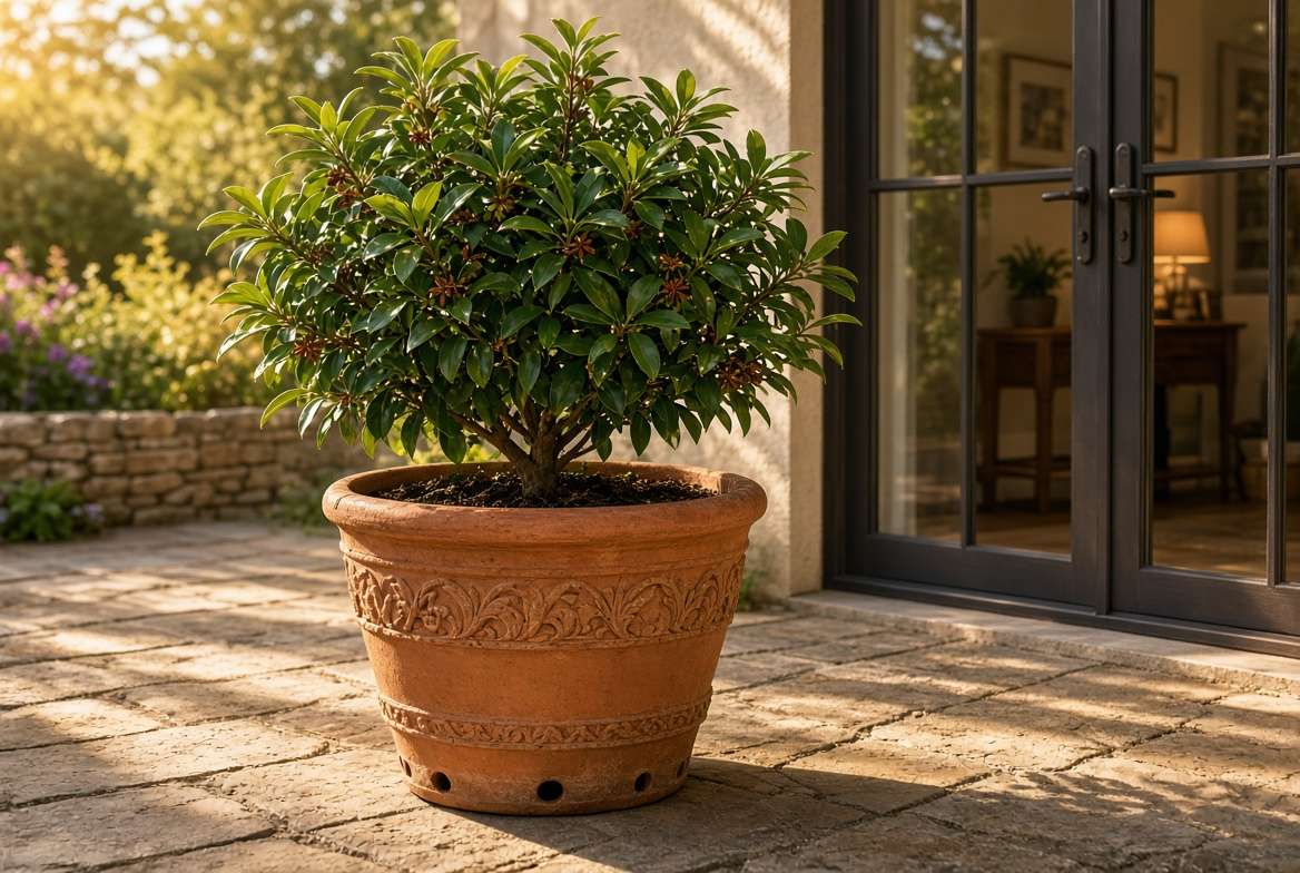 A healthy star anise tree growing in a large terracotta pot on a sunny patio.