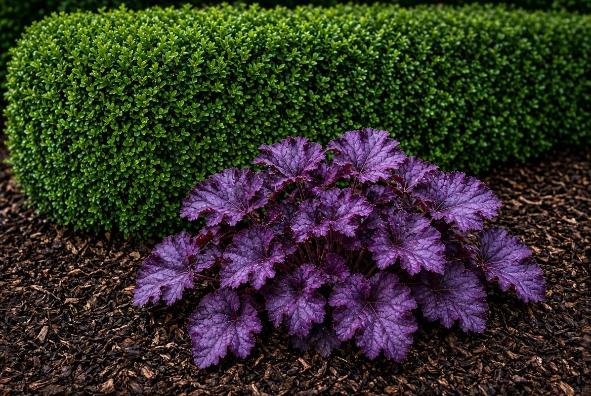 Striking purple foliage of Coral Bells planted in shade as a colorful border for boxwoods.
