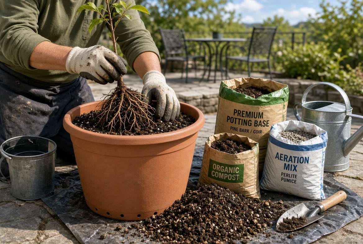 Close-up of a gardener potting a young bare-root patio peach tree, showing the custom soil mix and visible amendment bags for aeration and organic matter.