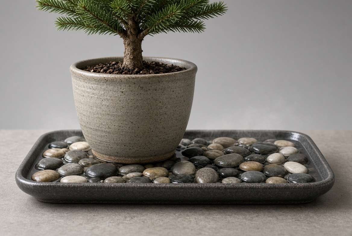 A potted evergreen tree sitting on a pebble tray filled with water to create natural humidity.