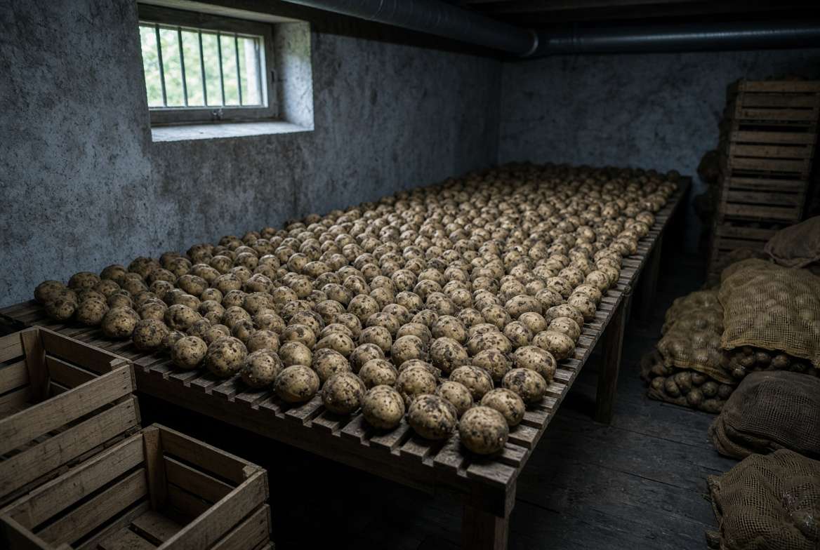 Freshly dug potatoes spread in a single, unwashed layer on wooden tables curing in a cool, dark Michigan basement for winter storage