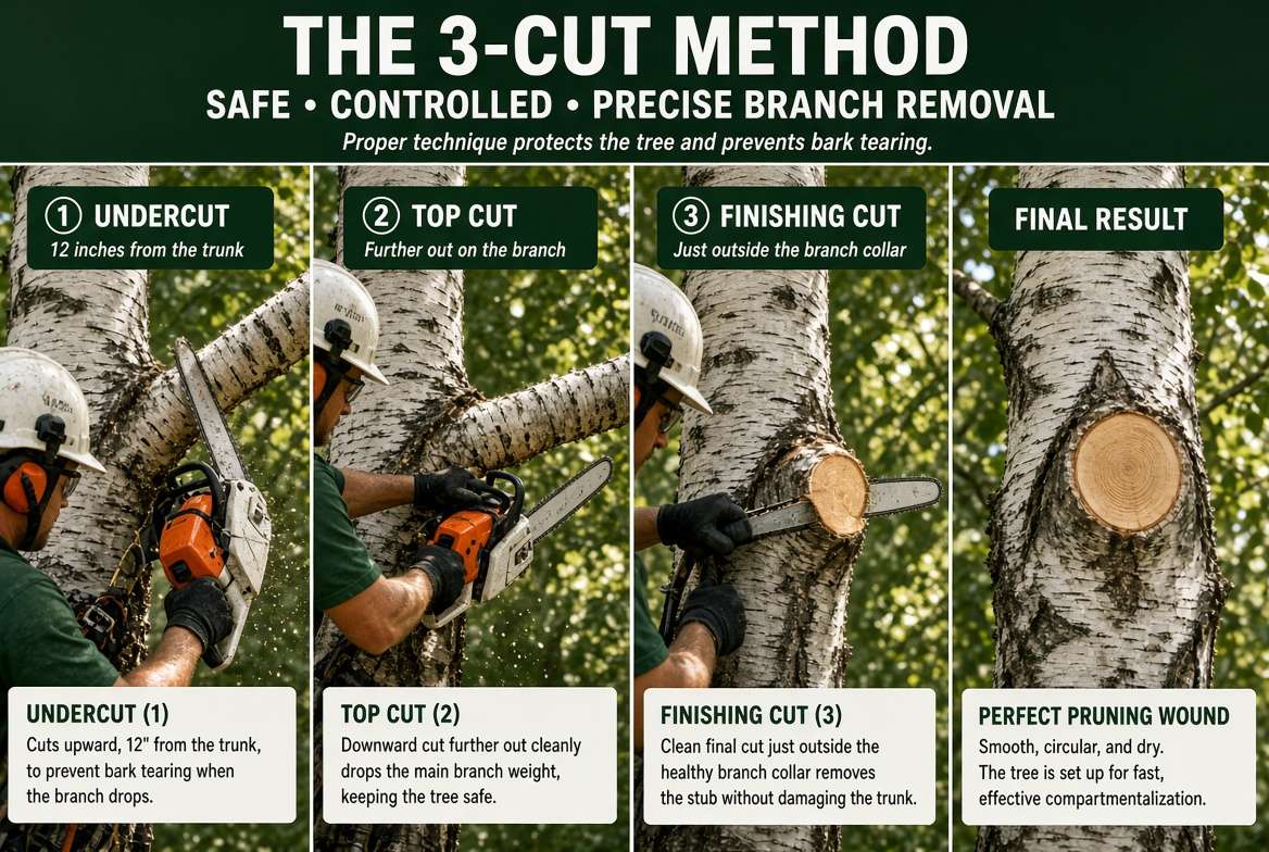 A sequential illustration in a single photo, demonstrating the expert 3-cut method for removing large birch tree branches without ripping bark: the undercut, the top cut, and the final smooth collar cut