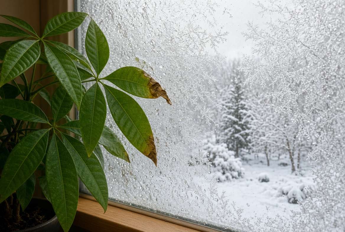 Money Tree leaves pressed against a frosted cold winter window, showing potential thermal shock damage.