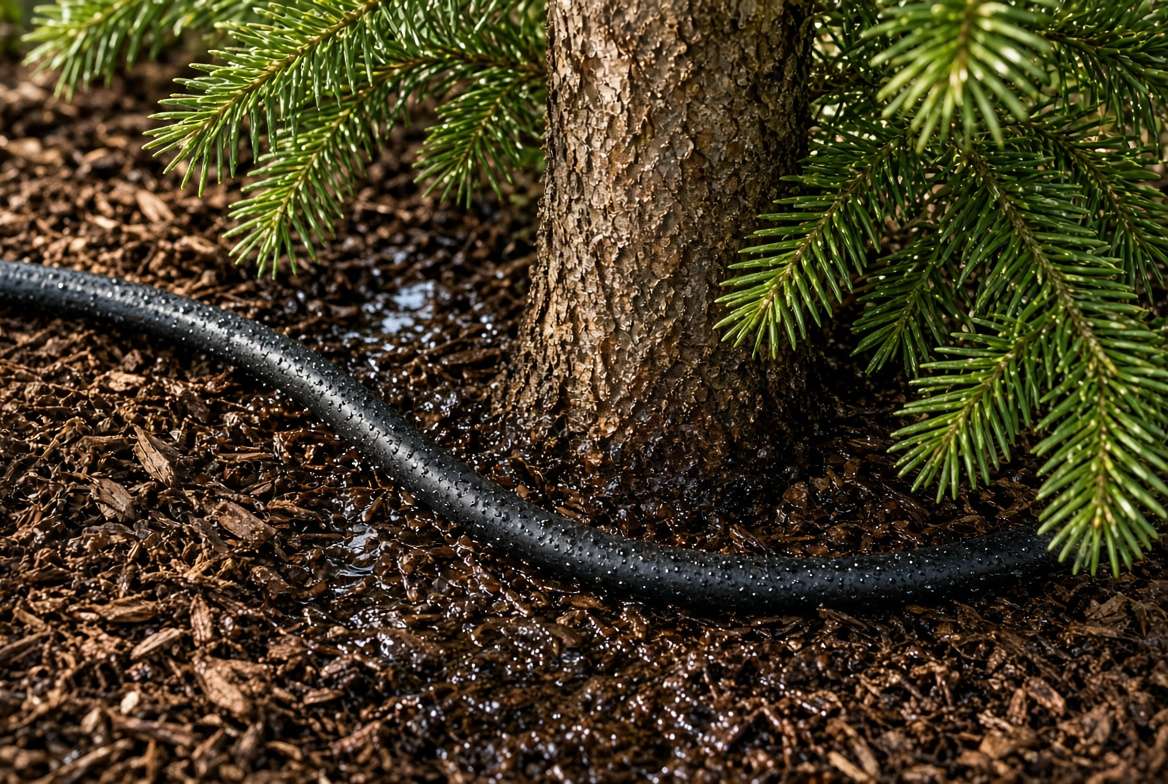 A close-up of a soaker hose system deeply watering the root zone of a newly planted privacy tree in a mulch bed