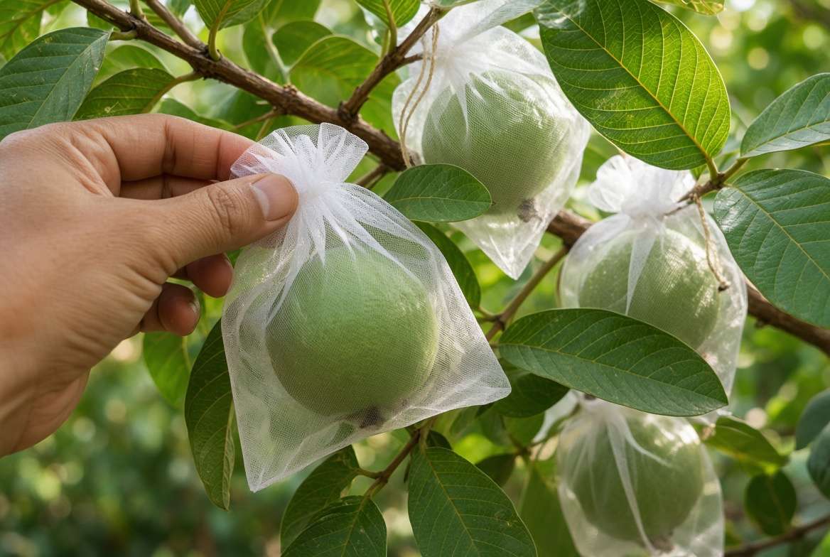 A gardener uses a white mesh bag to protect a developing common guava fruit from Caribbean fruit flies.