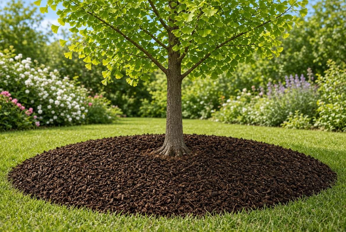 Correct mulching of a young ginkgo tree with mulch ring pulled back from the trunk.