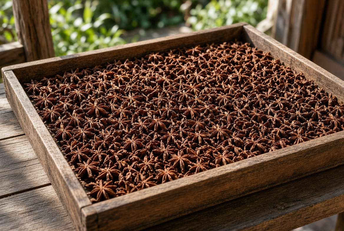 Star anise seed pods drying in a single layer on a wooden tray in the sun