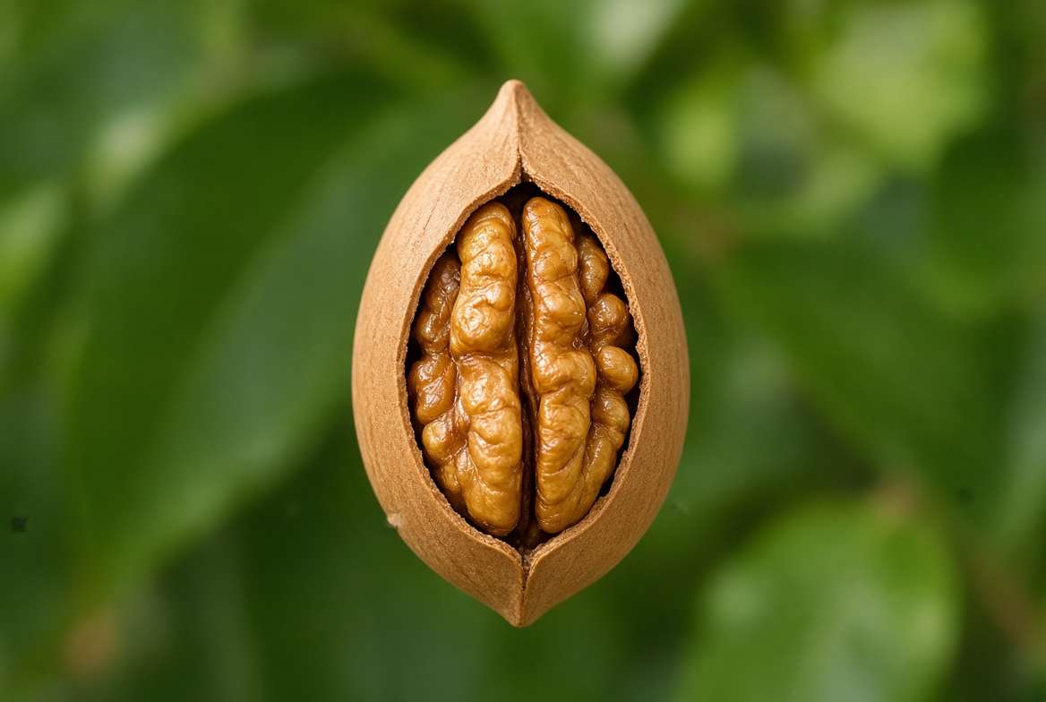 A detailed close-up of a single smooth-shelled Elliott pecan nut cracked open to reveal a rich, oily kernel.