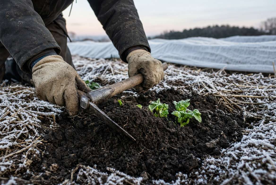 A close-up view of a gardener actively hilling fresh soil over young potato plants to protect the leaves from an early spring frost.