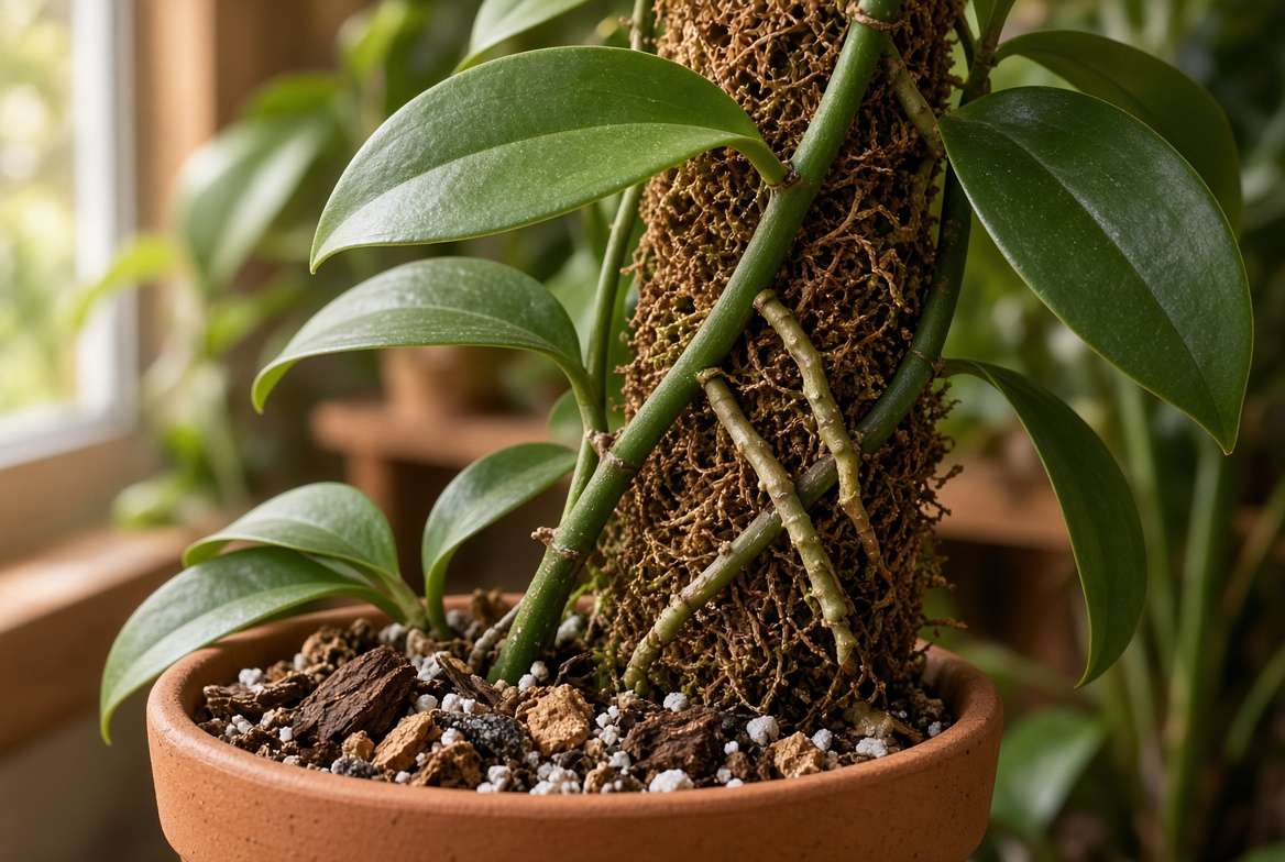 Close-up of a vanilla bean plant's aerial roots climbing a moss pole in a chunky orchid bark mix.