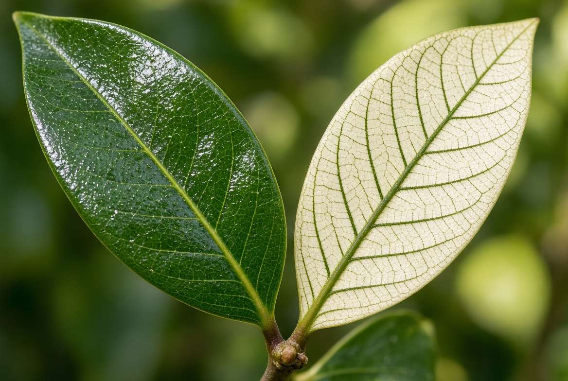 Extreme close-up of a healthy green lychee leaf next to a yellow chlorotic leaf showing iron deficiency.