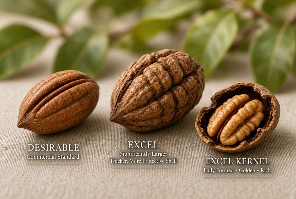 A photograph comparing the large size and thick protective shell of an Excel pecan next to a standard variety.
