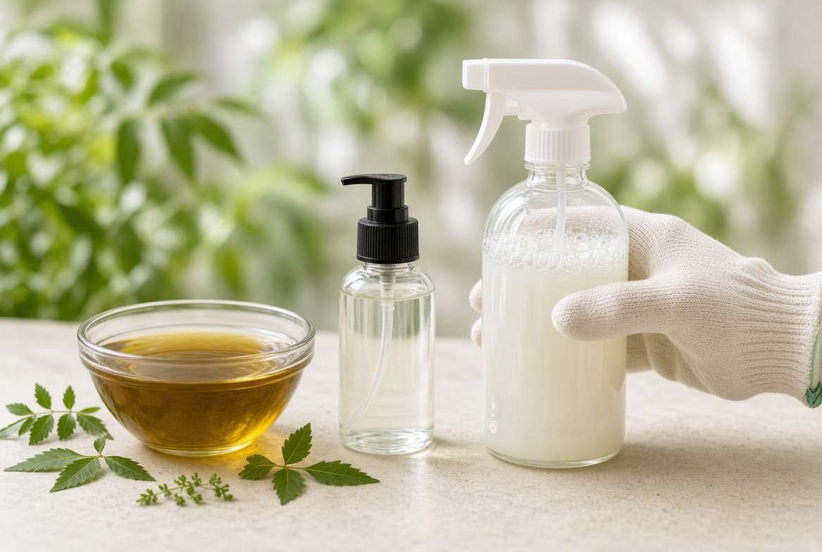 A bowl of pure neem oil, a bottle of castile soap, and a prepared spray bottle ready to treat plant pests.