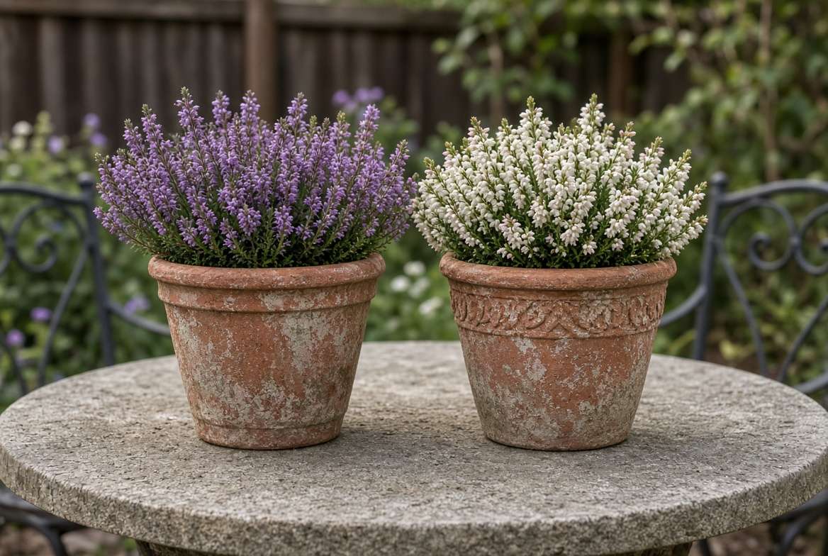 Two beautiful potted heather plants (purple and white varieties) thriving in textured terracotta pots on a rustic patio table in a pet-safe backyard