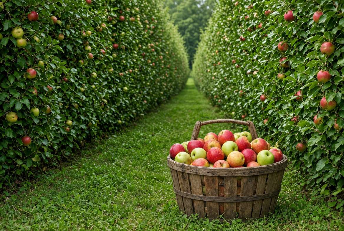 A narrow pathway lined by a mature apple tree hedgerow wall, featuring a wooden basket overflowing with various types of freshly picked apples.