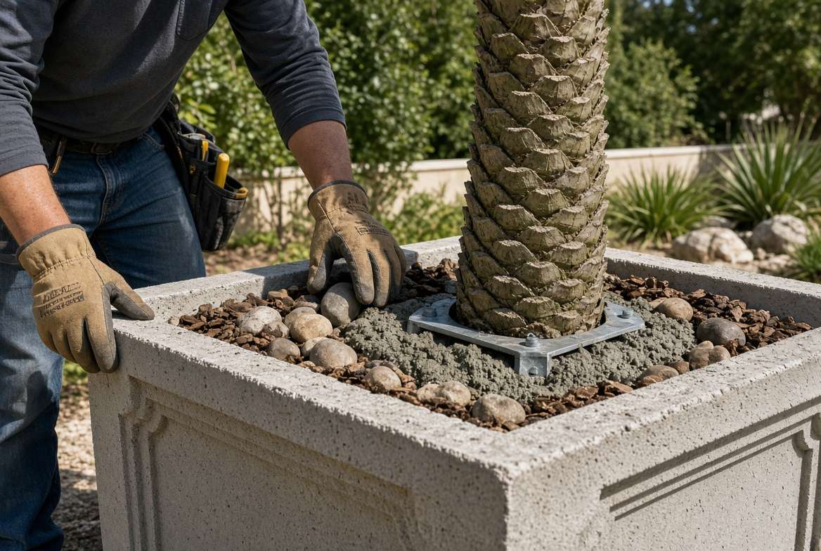 Landscaper anchoring an outdoor artificial palm tree base into a planter with concrete and decorative rocks for wind stability.