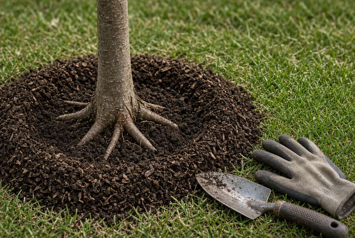 Proper planting technique for a dwarf dogwood tree showing an exposed root flare and correct mulch ring
