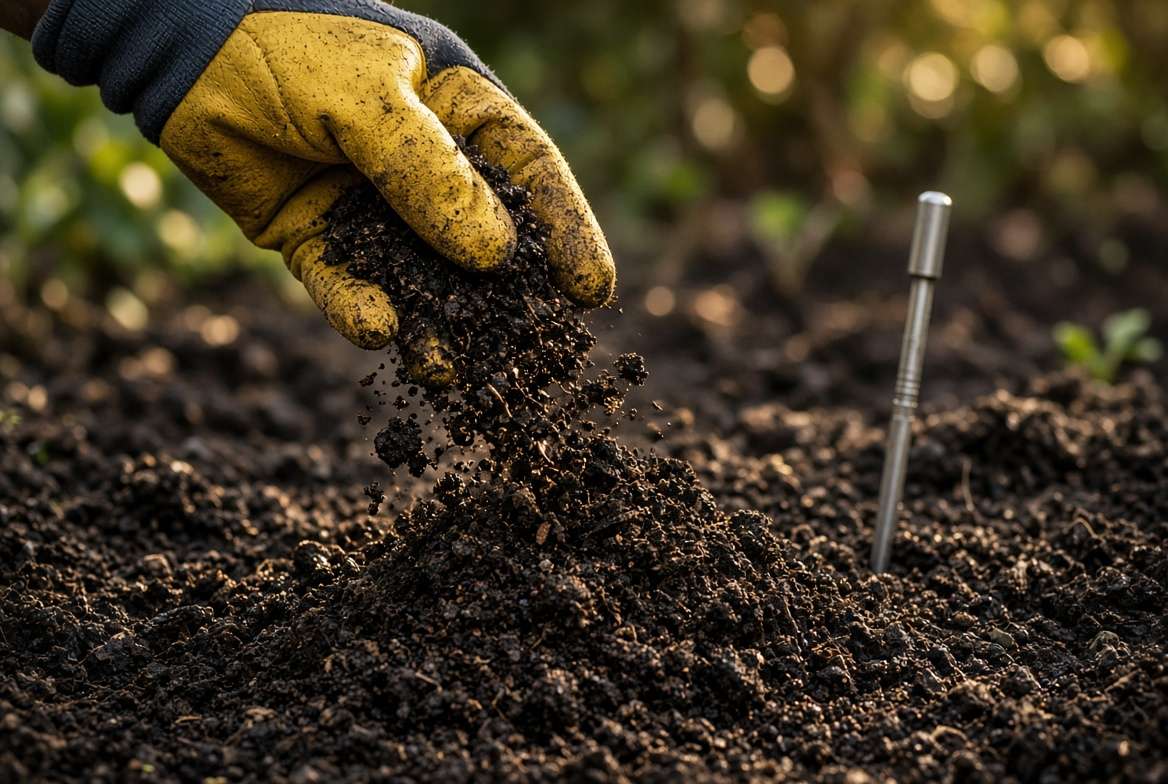A detailed macro photo of a gardener's hand in a sunlit garden applying dark, organic compost to rich soil next to a soil testing probe.