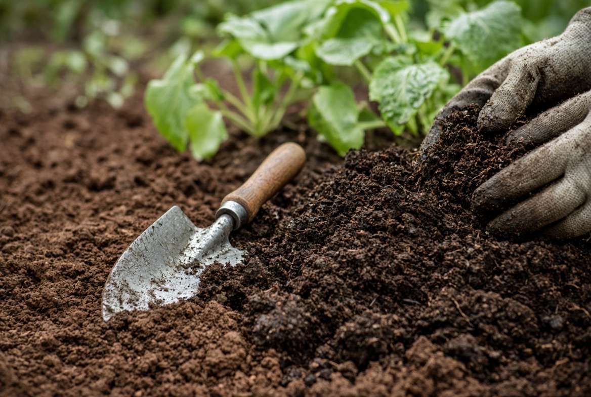 Detailed photograph showing rich compost being carefully mixed into denser garden soil for improved drainage in partial sun beds