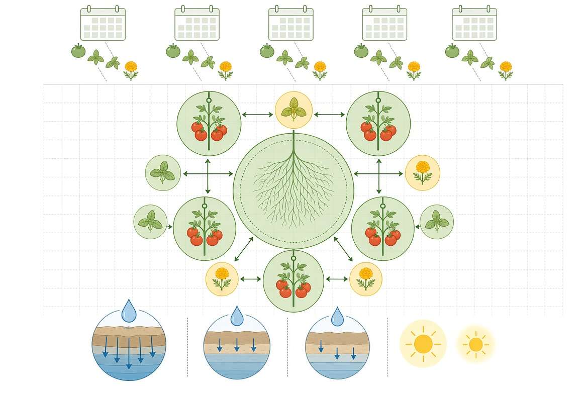 Conceptual design diagram illustrating optimal garden bed layout for tomato companion planting, emphasizing correct spacing, matched resources, and staggered planting strategies.