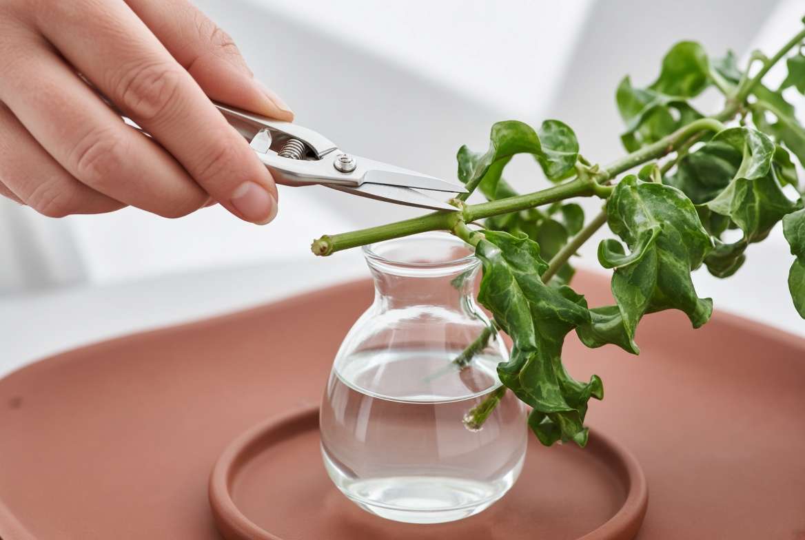 Close-up of gardening shears making a precise propagation cut below a node on a Curly Lipstick Plant stem, with wavy leaves visible.