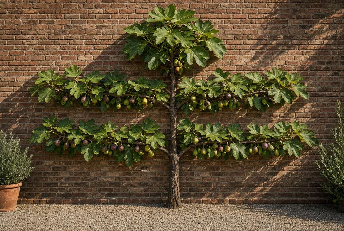 Perfectly executed espalier fig tree trained horizontally against a sunny rustic brick garden wall.