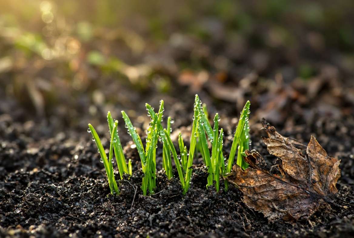 Close-up macro photograph of dewy, new cool-season grass sprouts emerging from damp spring soil.
