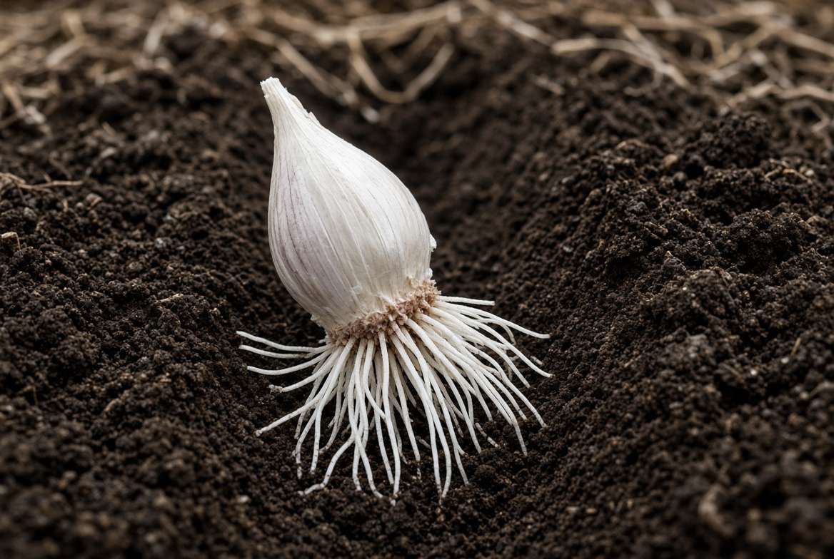 lose-up of a single garlic clove with healthy white roots emerging into dark soil.