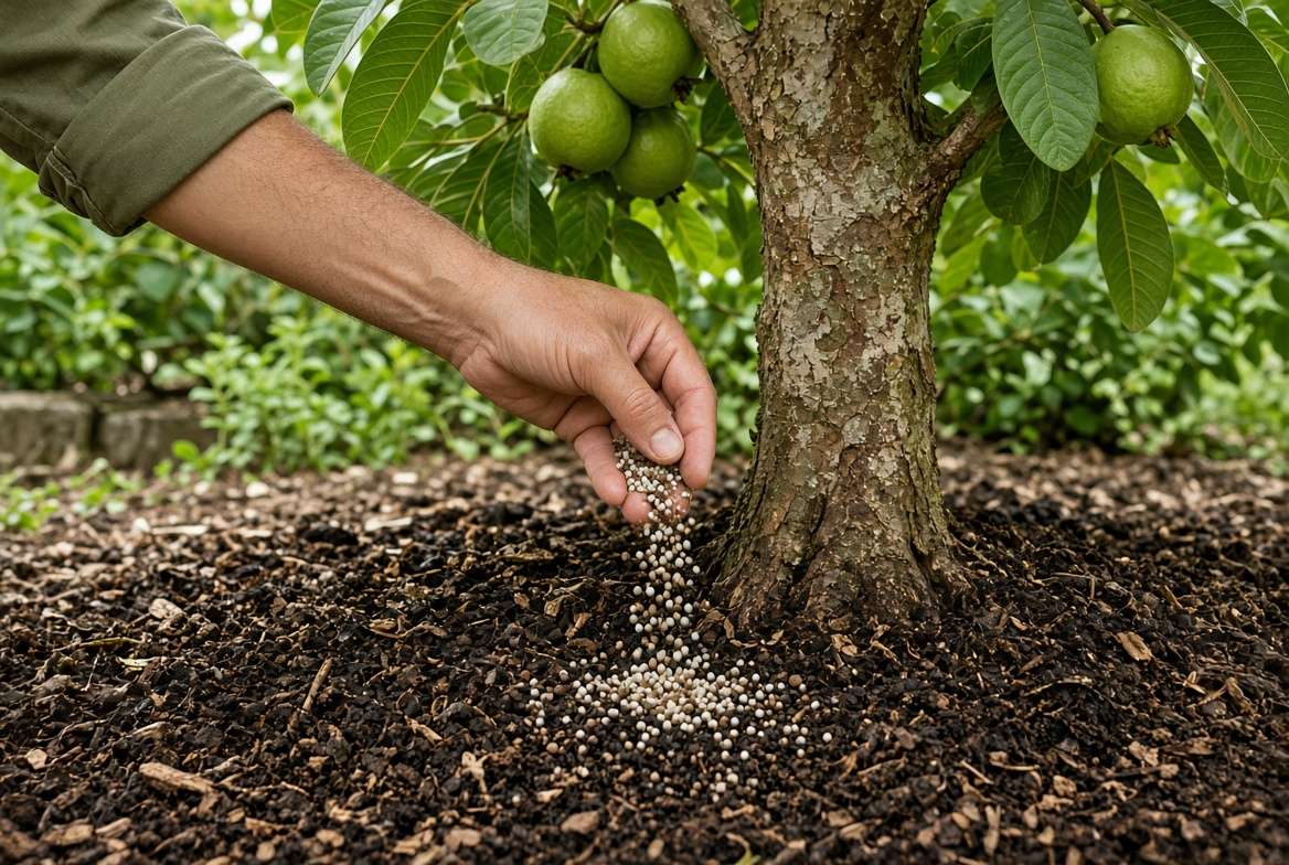 A close-up of granular fertilizer being applied around the base of a fruit-bearing common guava plant in a backyard orchard.