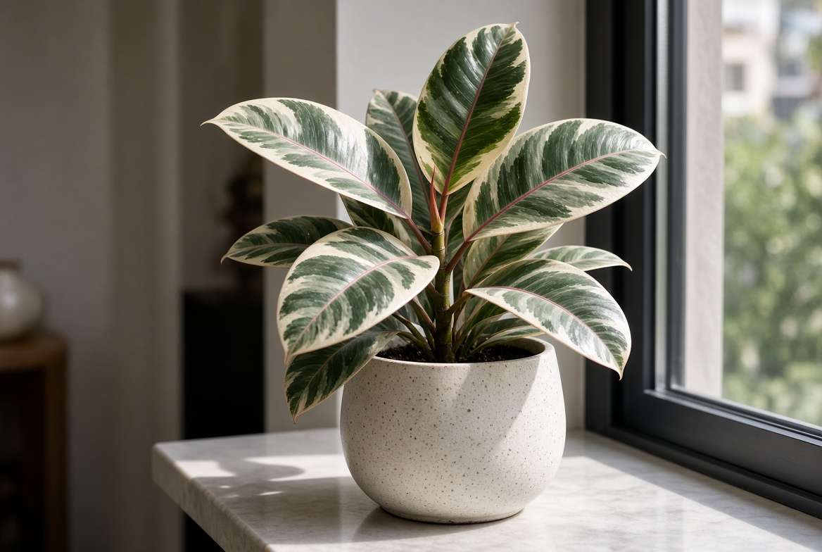 A variegated Ficus elastica 'Tineke' (Rubber Tree) houseplant with glossy leaves near a window.