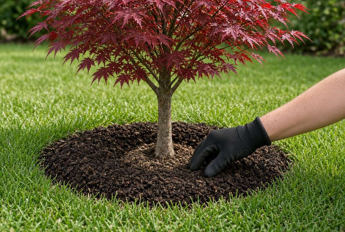 A young red-leaved tree in a text-free landscape, showing a proper 3-inch deep dark wood mulch ring correctly installed with a gap around the trunk flare.