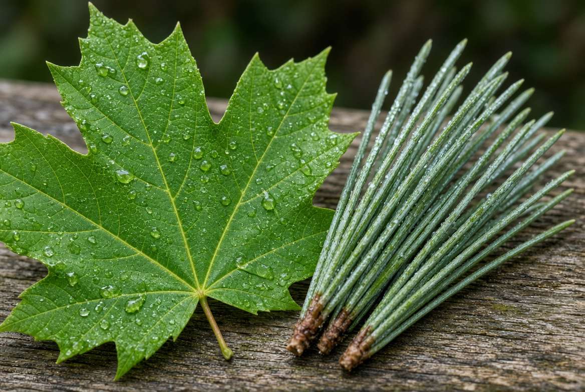 Macro view comparing the texture of a broad deciduous maple leaf and coniferous pine needles.