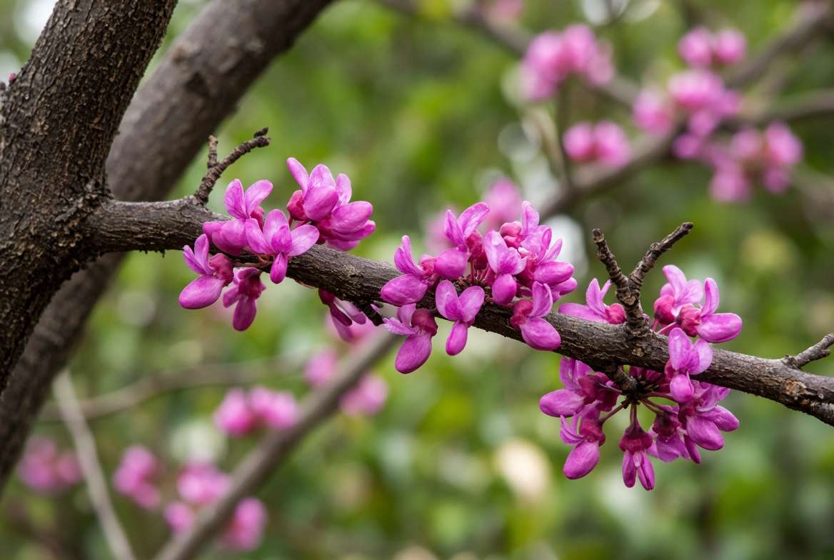 Close-up of vibrant rosy-magenta 'cauliflory' flowers blooming directly on the bare branches of a Forest Pansy Redbud tree in early spring.