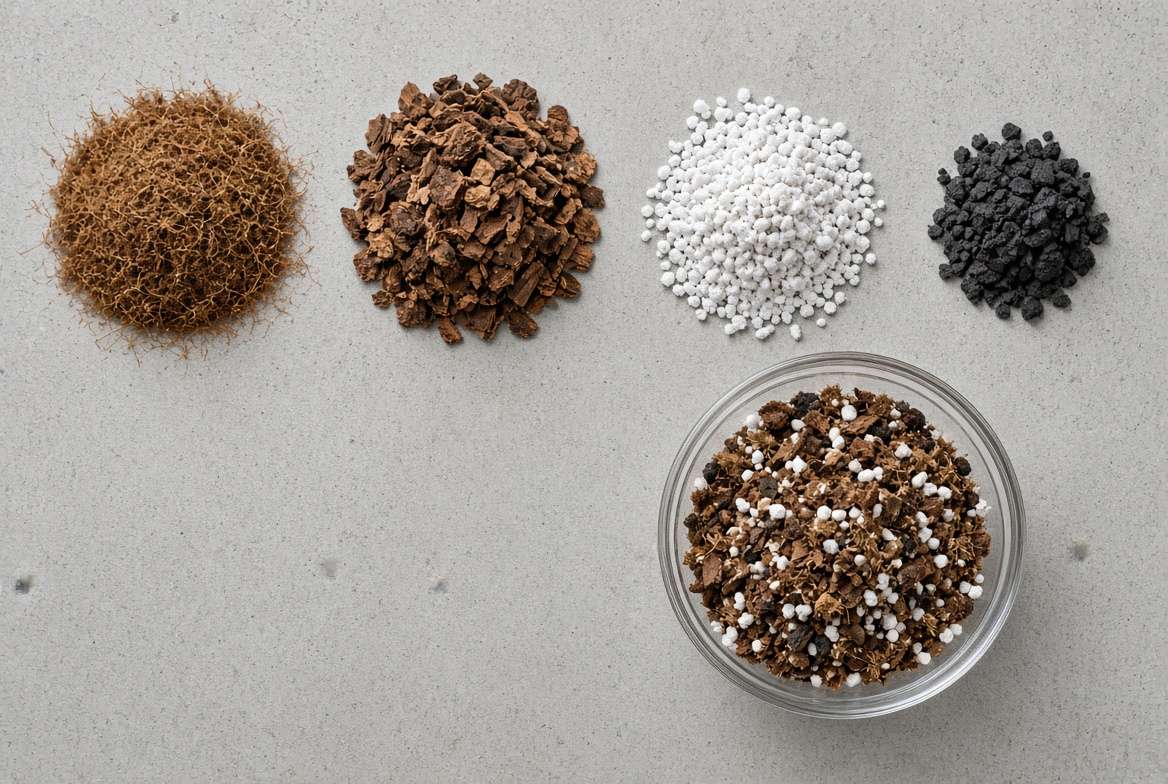 Flat lay visualization of the raw ingredients (bark, perlite, coco coir) required to make DIY Flori plant soil.