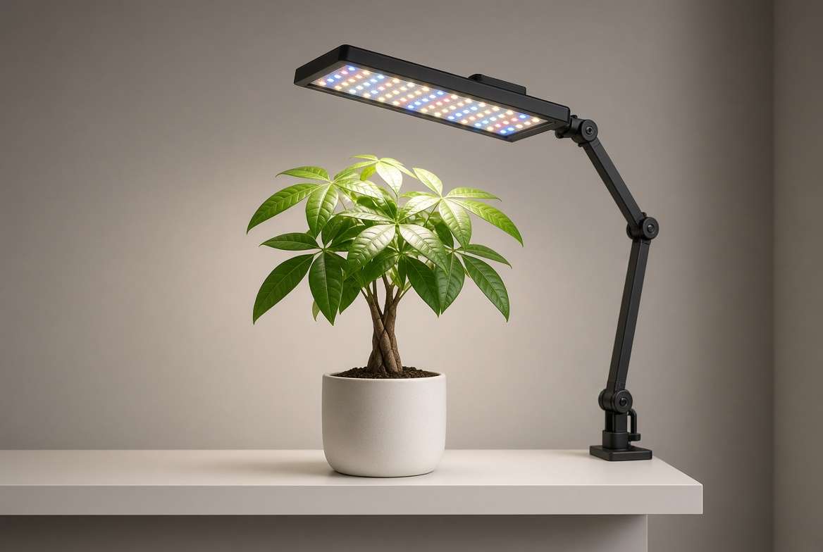 Money Tree plant under an active full-spectrum LED grow light in a minimalist indoor setting, illustrating proper lighting.