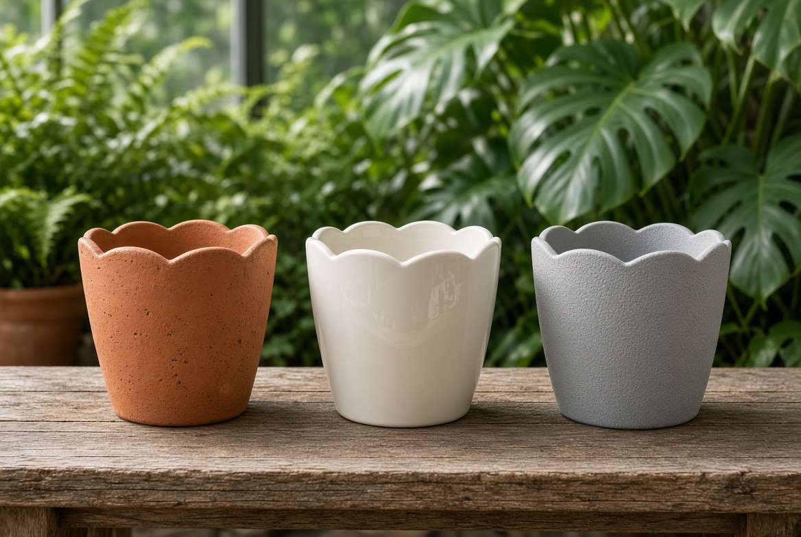 A comparison photograph displaying three scalloped planters made from different materials—terracotta, glazed ceramic, and resin—sitting side-by-side on a garden bench, highlighting their unique visual properties.