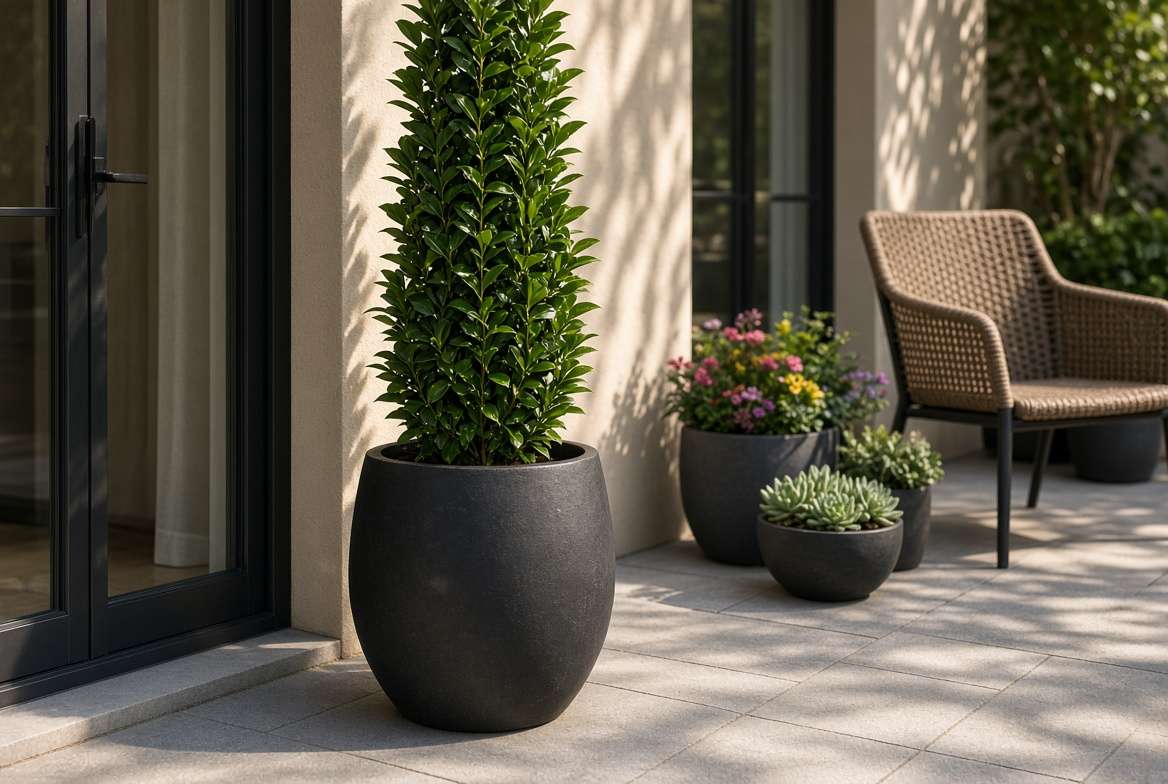 Stylish photograph on a sunlit patio, featuring a contemporary dark ceramic planter with a single, elegant Sky Pencil Holly tree by a townhouse doorway