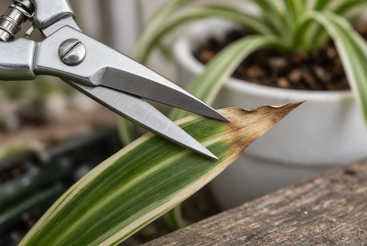 A gardening tool trimming the brown tip of a spider plant leaf at a diagonal angle.