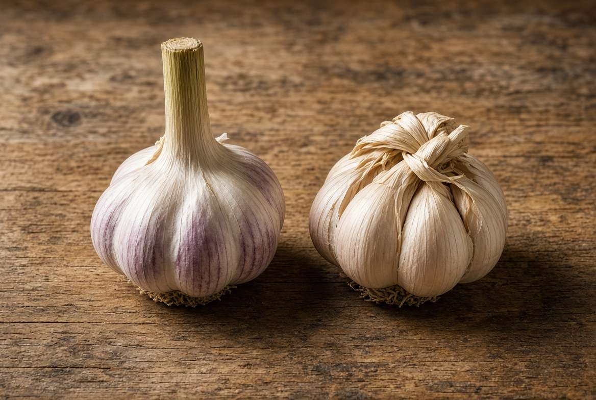 Side-by-side comparison of a whole hardneck garlic bulb and a softneck garlic bulb on a wooden table.