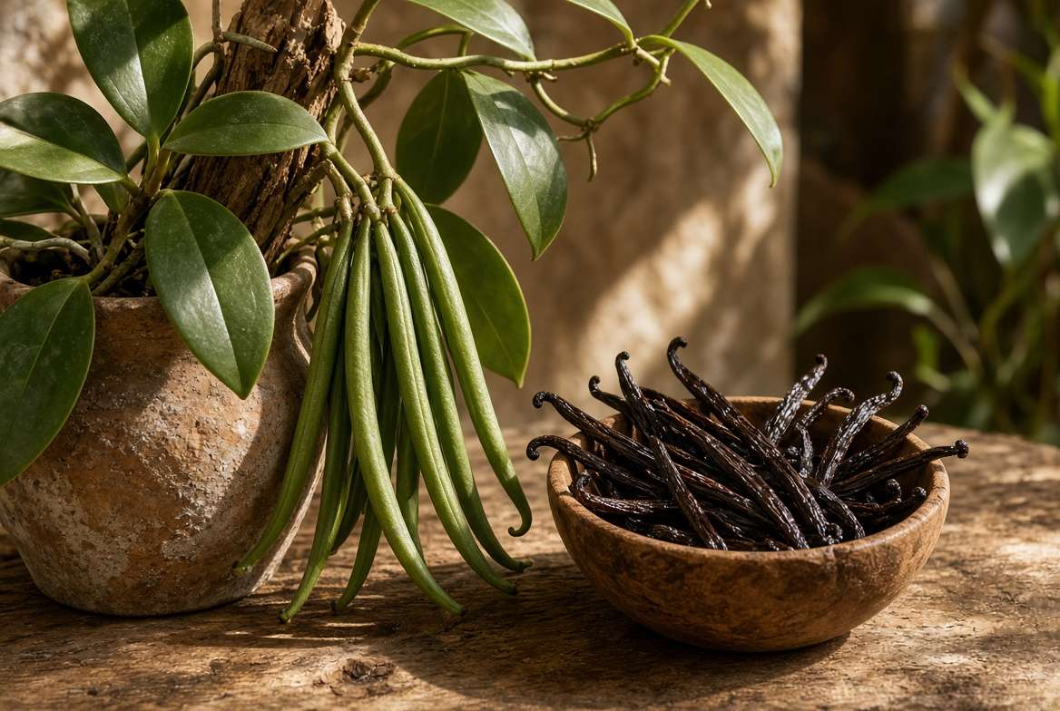 Raw green vanilla pods growing on an indoor vine next to a wooden bowl of cured dark brown vanilla beans.