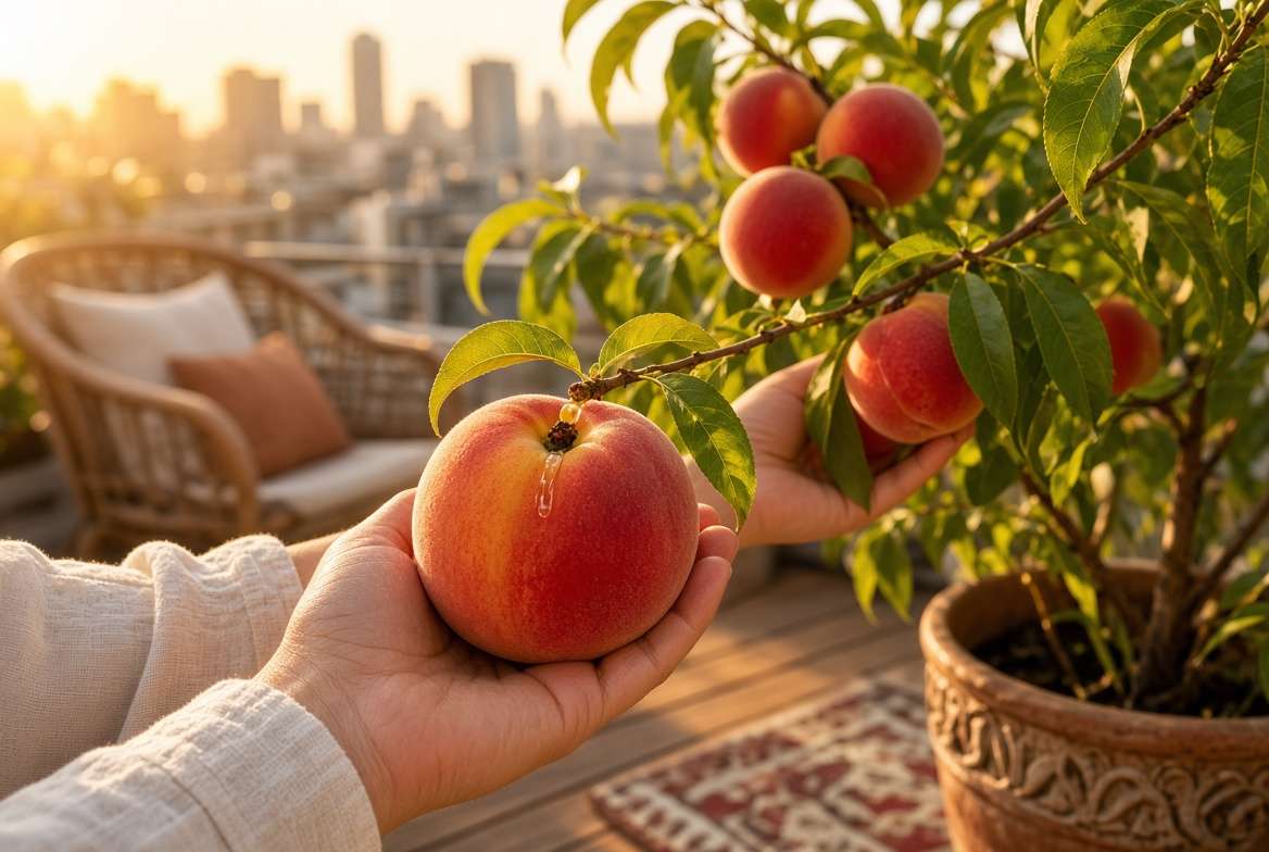 Close-up of a person harvesting a ripe, juicy patio peach from a heavily laden container tree on a sunny balcony, showing the deep blush, soft fuzz, and a slight juice drip