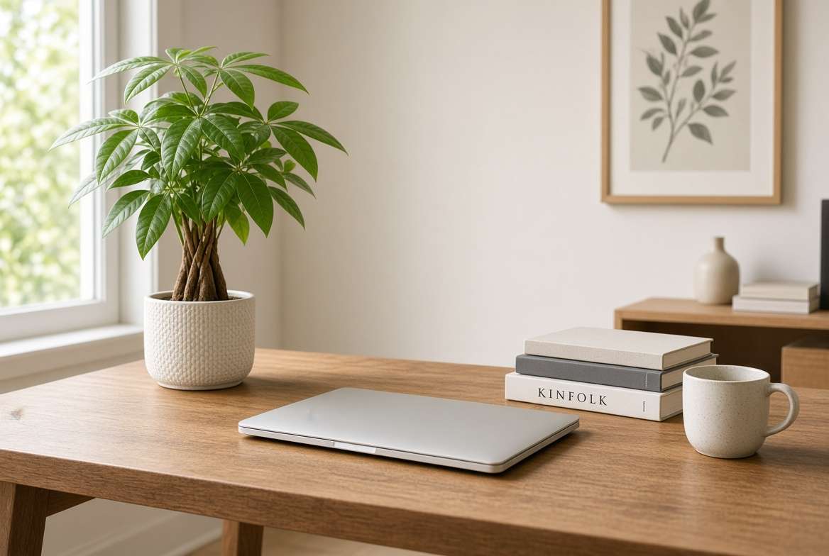 Bright home office desk setup featuring a Money Tree plant within view for stress reduction and focus.