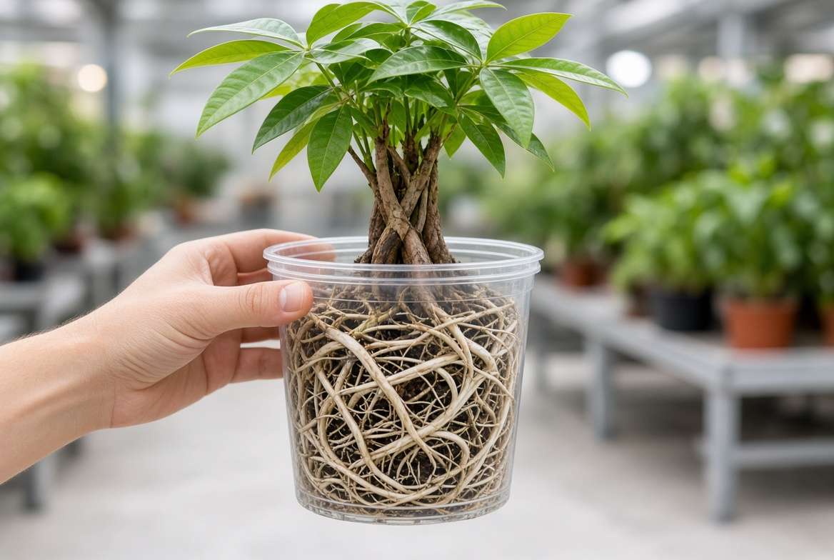 A hand holding a transparent pot showing the intricate, dense root system of a severely root-bound braided Money Tree.