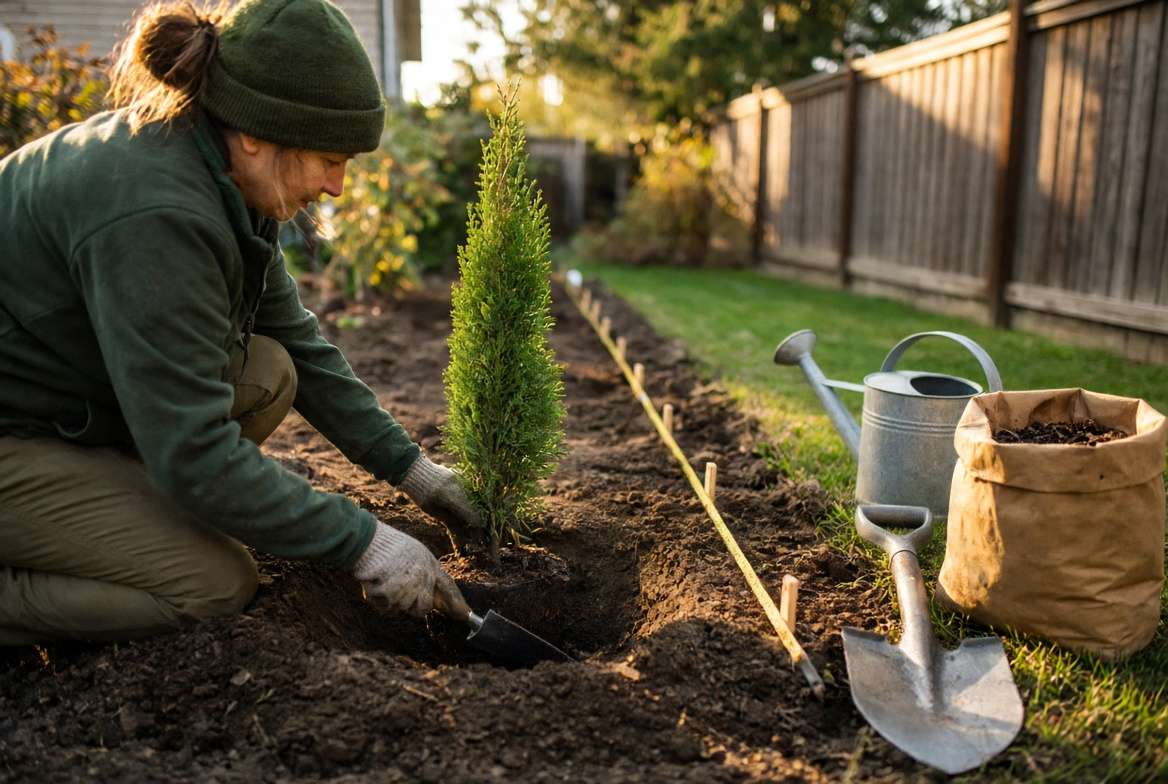 Illustrative photograph of a person in practical gardening attire planting a young columnar evergreen tree, showing proper hole width and spacing context.
