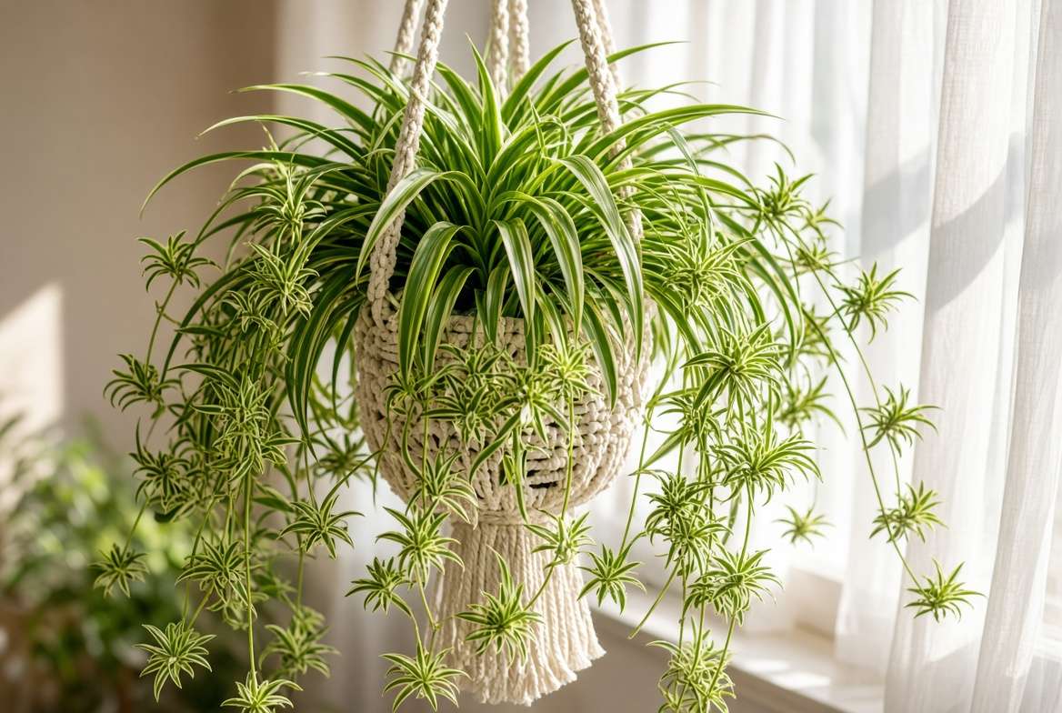 A healthy, mature hanging spider plant cascading with dozens of baby pups near a window.