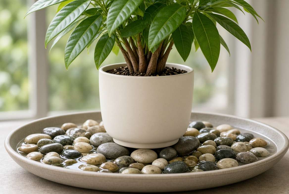 Close-up of Money Tree pot sitting on a pebble tray with water, providing essential humidity.